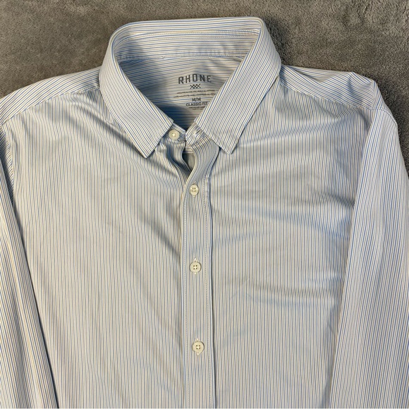 Rhone Men’s Long Sleeve Button Up Striped Blue Tan Size Medium Soft - Picture 1 of 7